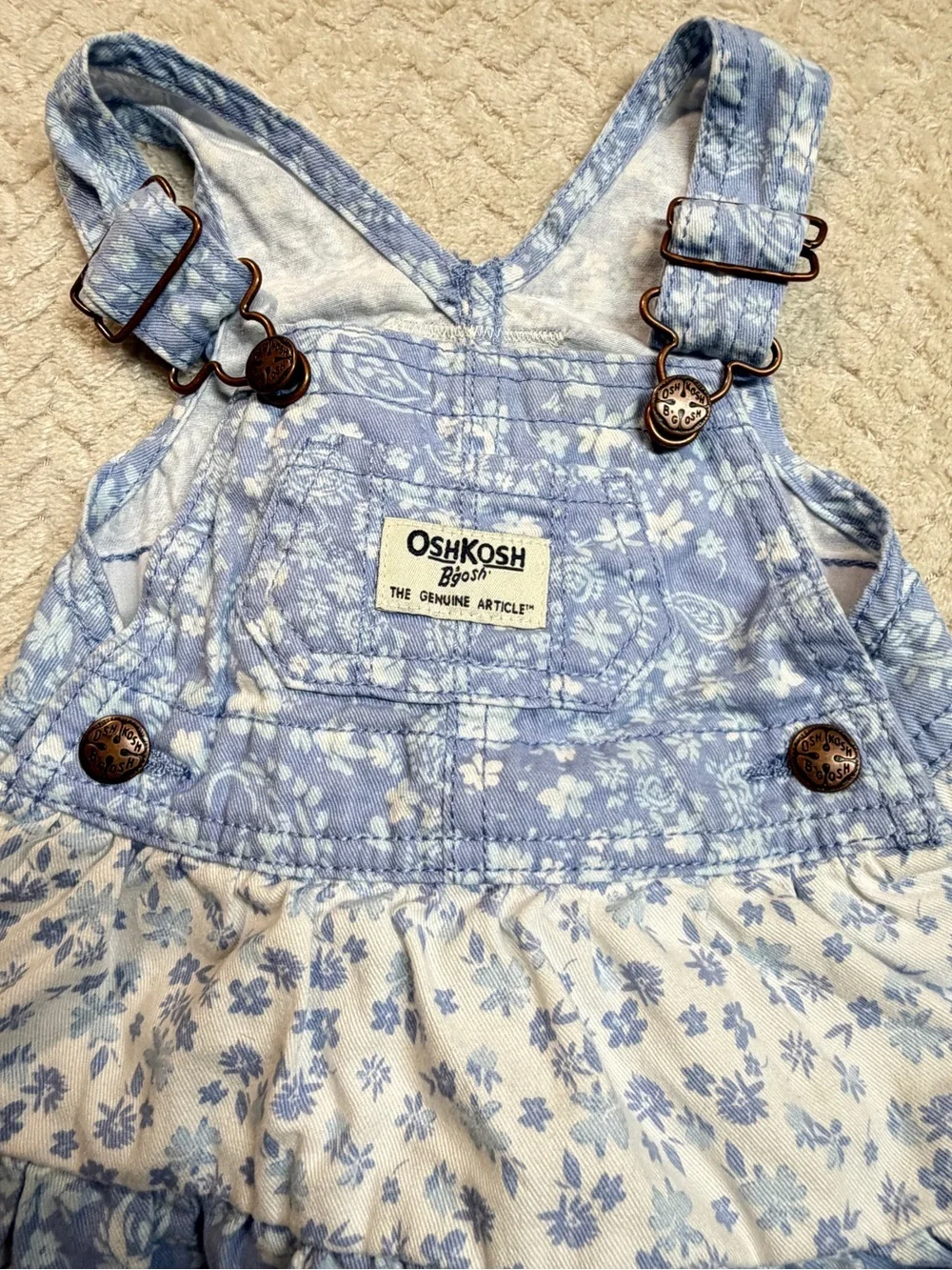 2 pc Baby Girl Outfit Set: 3M OshKosh Floral Overall Dress White Knit Cardigan
